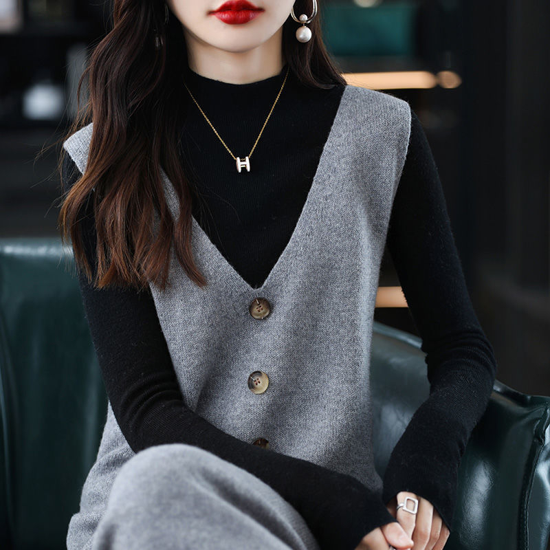 Őszi Új V-nyakú Kötött Mellényruha Hosszú Pulóver Gombos Egyszínű Laza Lezser Mellény Ujjatlan Ruha