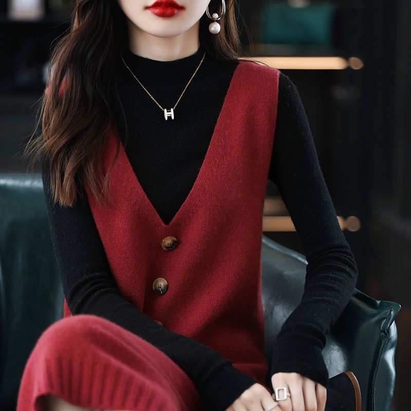 Őszi Új V-nyakú Kötött Mellényruha Hosszú Pulóver Gombos Egyszínű Laza Lezser Mellény Ujjatlan Ruha