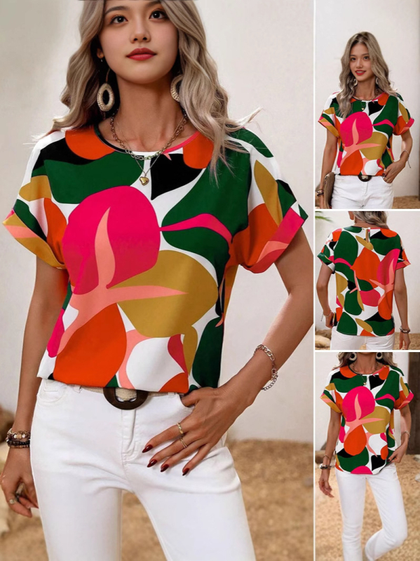Európai és amerikai külkereskedelmi nyári új divatos alkalmi színes digitális nyomtatású női váll nélküli rövid ujjú
