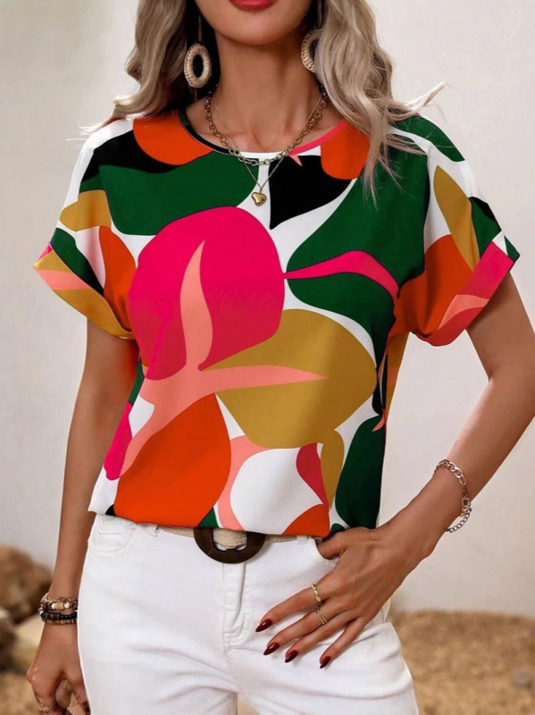 Európai és amerikai külkereskedelmi nyári új divatos alkalmi színes digitális nyomtatású női váll nélküli rövid ujjú
