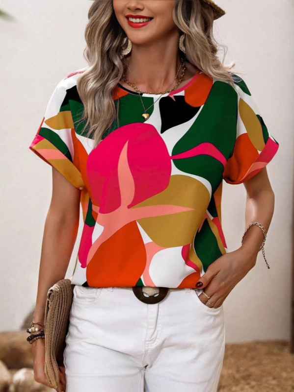 Európai és amerikai külkereskedelmi nyári új divatos alkalmi színes digitális nyomtatású női váll nélküli rövid ujjú