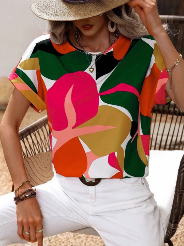 Európai és amerikai külkereskedelmi nyári új divatos alkalmi színes digitális nyomtatású női váll nélküli rövid ujjú