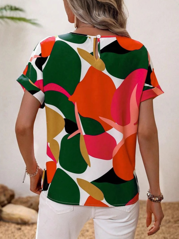 Európai és amerikai külkereskedelmi nyári új divatos alkalmi színes digitális nyomtatású női váll nélküli rövid ujjú