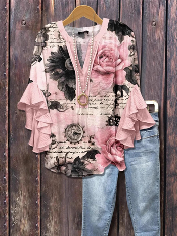 Új, határokon átnyúló, kreatív, virágmintás, 3D nyomtatott, digitális nyomtatású, lezser, divatos, V-nyakú, fodros női póló