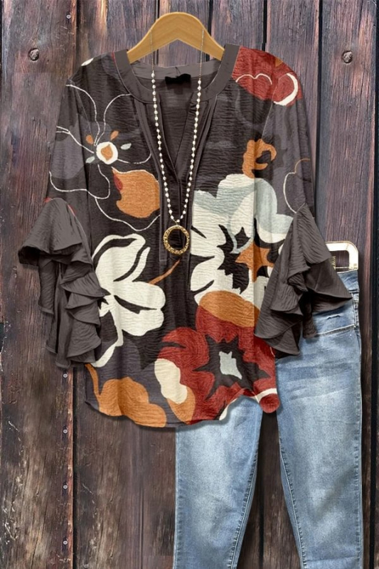 Új, határokon átnyúló, kreatív, virágmintás, 3D nyomtatott, digitális nyomtatású, lezser, divatos, V-nyakú, fodros női póló