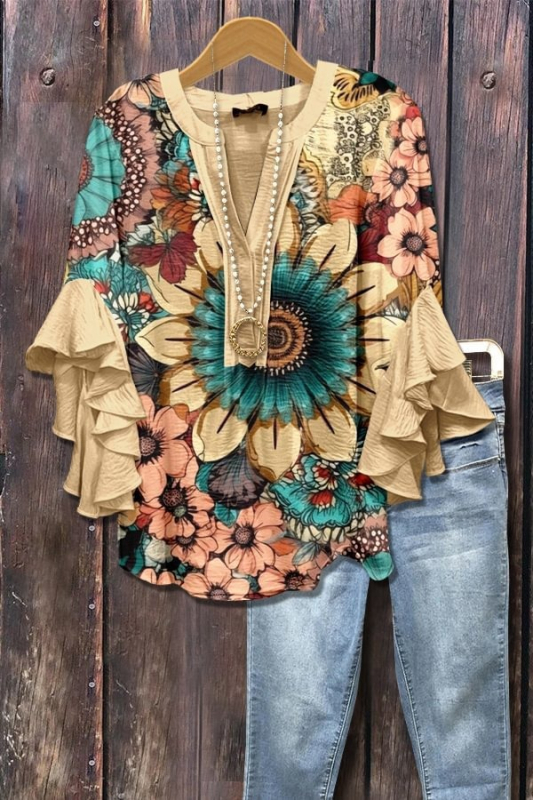 Új, határokon átnyúló, kreatív, virágmintás, 3D nyomtatott, digitális nyomtatású, lezser, divatos, V-nyakú, fodros női póló