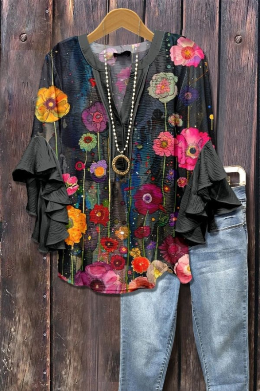 Új, határokon átnyúló, kreatív, virágmintás, 3D nyomtatott, digitális nyomtatású, lezser, divatos, V-nyakú, fodros női póló