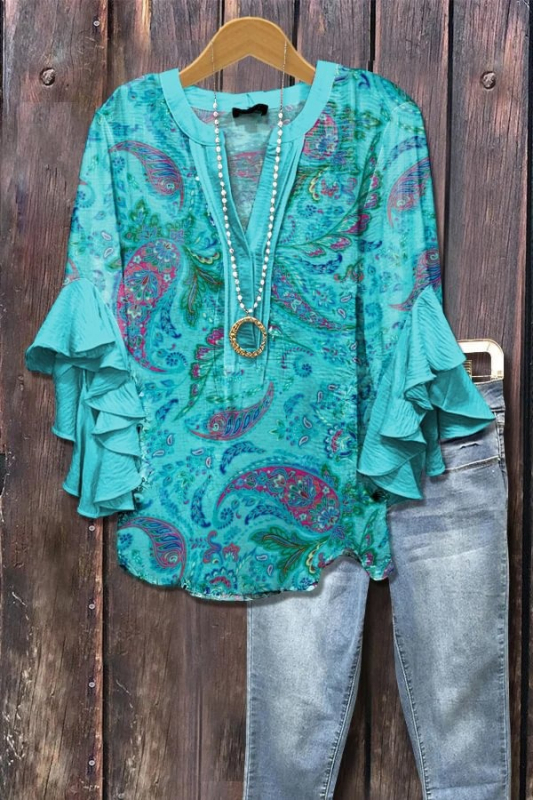 Új, határokon átnyúló, kreatív, virágmintás, 3D nyomtatott, digitális nyomtatású, lezser, divatos, V-nyakú, fodros női póló