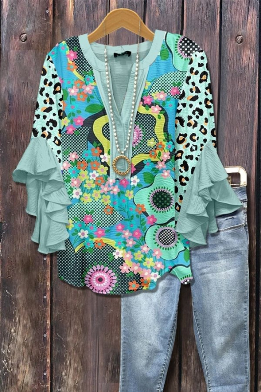 Új, határokon átnyúló, kreatív, virágmintás, 3D nyomtatott, digitális nyomtatású, lezser, divatos, V-nyakú, fodros női póló