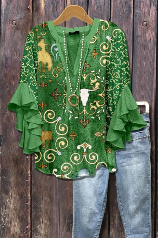 Új, határokon átnyúló, kreatív, virágmintás, 3D nyomtatott, digitális nyomtatású, lezser, divatos, V-nyakú, fodros női póló