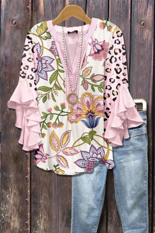 Új, határokon átnyúló, kreatív, virágmintás, 3D nyomtatott, digitális nyomtatású, lezser, divatos, V-nyakú, fodros női póló