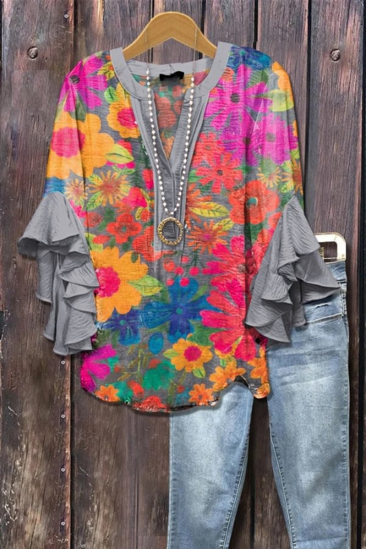 Új, határokon átnyúló, kreatív, virágmintás, 3D nyomtatott, digitális nyomtatású, lezser, divatos, V-nyakú, fodros női póló