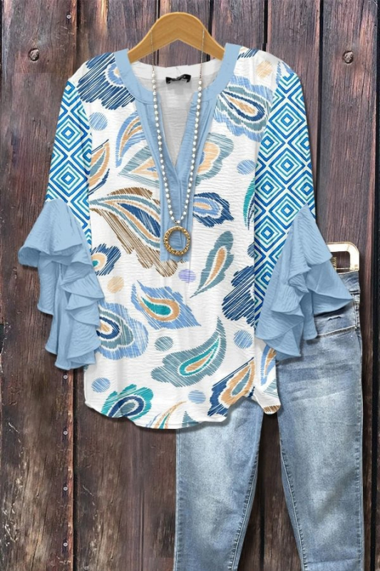 Új, határokon átnyúló, kreatív, virágmintás, 3D nyomtatott, digitális nyomtatású, lezser, divatos, V-nyakú, fodros női póló