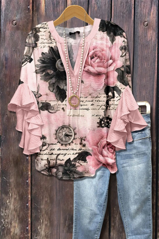 Új, határokon átnyúló, kreatív, virágmintás, 3D nyomtatott, digitális nyomtatású, lezser, divatos, V-nyakú, fodros női póló