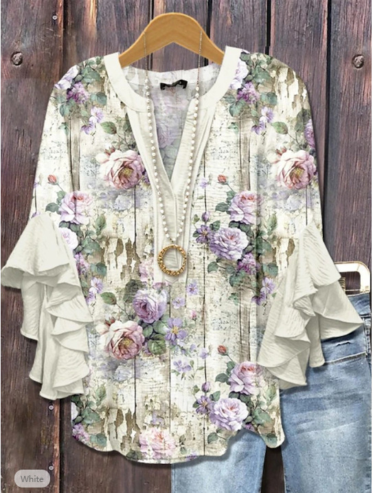 Új, határokon átnyúló, kreatív, virágmintás, 3D nyomtatott, digitális nyomtatású, lezser, divatos, V-nyakú, fodros női póló