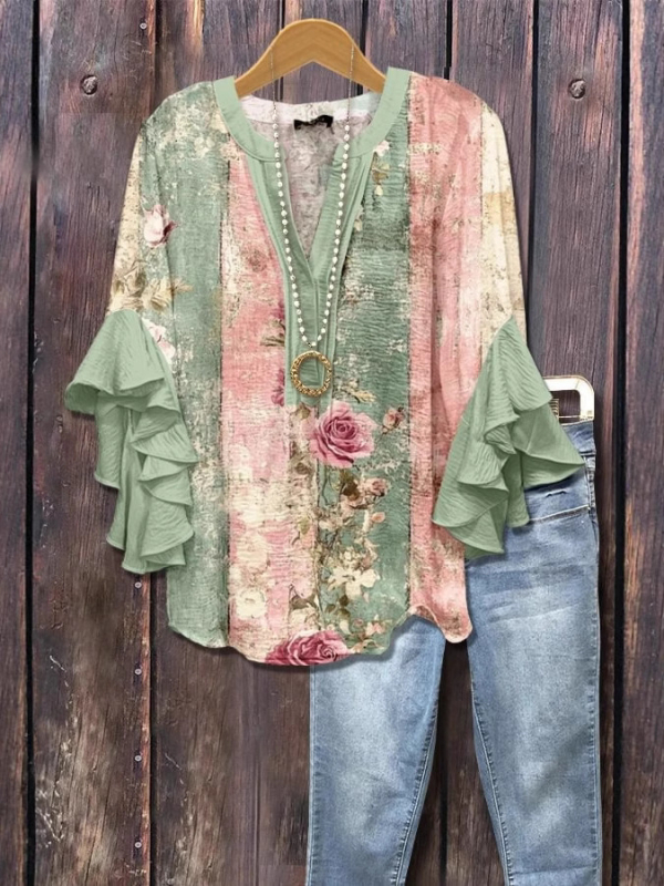 Új, határokon átnyúló, kreatív, virágmintás, 3D nyomtatott, digitális nyomtatású, lezser, divatos, V-nyakú, fodros női póló