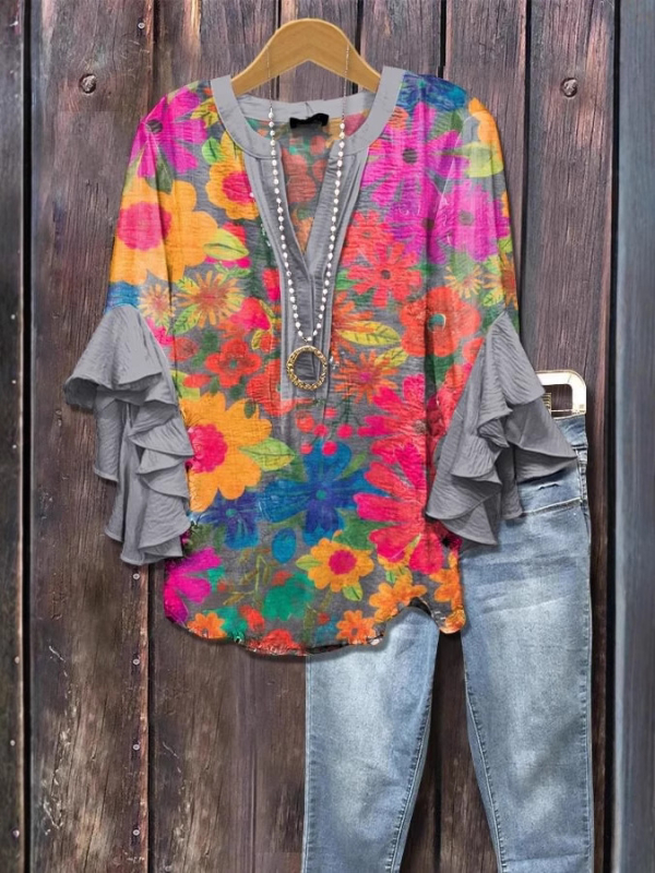 Új, határokon átnyúló, kreatív, virágmintás, 3D nyomtatott, digitális nyomtatású, lezser, divatos, V-nyakú, fodros női póló