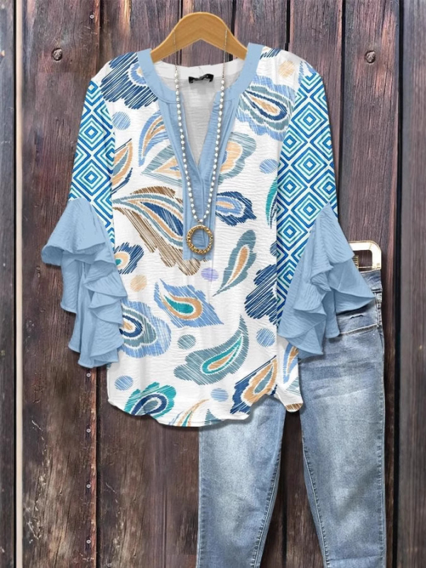 Új, határokon átnyúló, kreatív, virágmintás, 3D nyomtatott, digitális nyomtatású, lezser, divatos, V-nyakú, fodros női póló