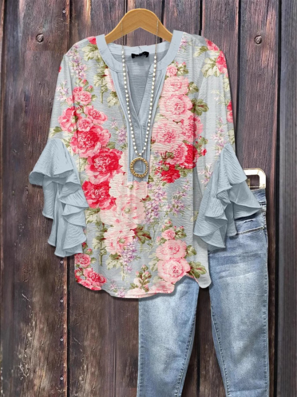 Új, határokon átnyúló, kreatív, virágmintás, 3D nyomtatott, digitális nyomtatású, lezser, divatos, V-nyakú, fodros női póló