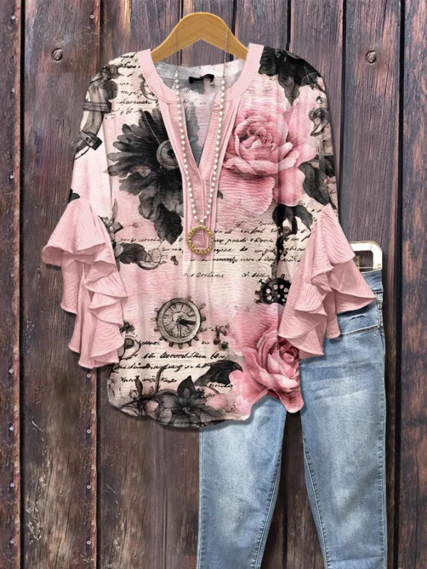 Új, határokon átnyúló, kreatív, virágmintás, 3D nyomtatott, digitális nyomtatású, lezser, divatos, V-nyakú, fodros női póló