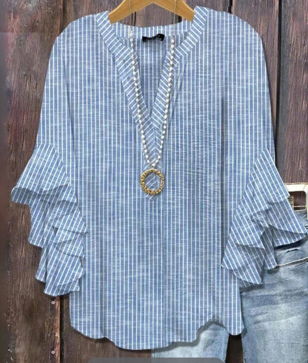 Új, határokon átnyúló, kreatív, virágmintás, 3D nyomtatott, digitális nyomtatású, lezser, divatos, V-nyakú, fodros női póló