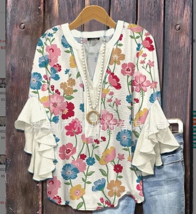 Új, határokon átnyúló, kreatív, virágmintás, 3D nyomtatott, digitális nyomtatású, lezser, divatos, V-nyakú, fodros női póló
