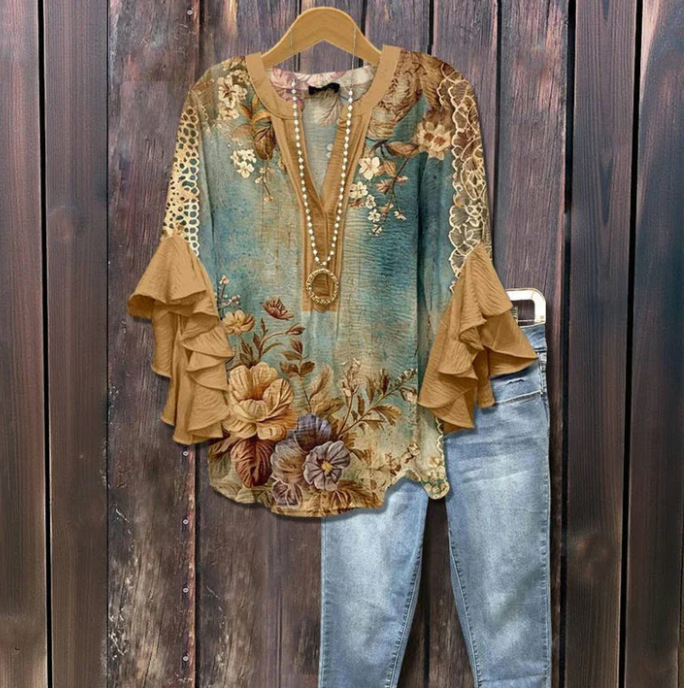 Új, határokon átnyúló, kreatív, virágmintás, 3D nyomtatott, digitális nyomtatású, lezser, divatos, V-nyakú, fodros női póló