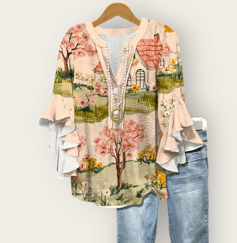 Új, határokon átnyúló, kreatív, virágmintás, 3D nyomtatott, digitális nyomtatású, lezser, divatos, V-nyakú, fodros női póló