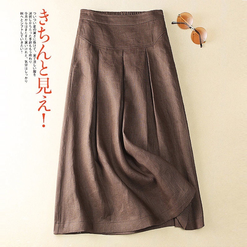 Pamučna i lanena tanka lepršava suknja 2025. Novi stil, umjetnička retro jednostavna široka suknja, suknja za mršavljenje srednje duljine za žene