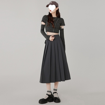 Γκρι πλισέ φούστα γυναικεία μεσαίου μήκους φούστα Άνοιξη Φθινόπωρο και Χειμώνας 2025 Νέα φούστα με ψηλή μέση σε γραμμή Α Μικρή φούστα Φούστα-ομπρέλα
