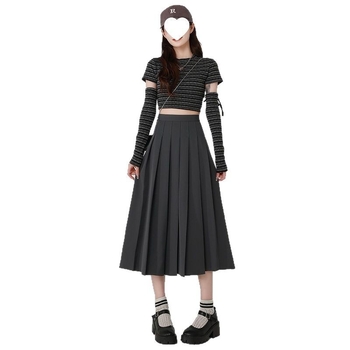 Γκρι πλισέ φούστα γυναικεία μεσαίου μήκους φούστα Άνοιξη Φθινόπωρο και Χειμώνας 2025 Νέα φούστα με ψηλή μέση σε γραμμή Α Μικρή φούστα Φούστα-ομπρέλα