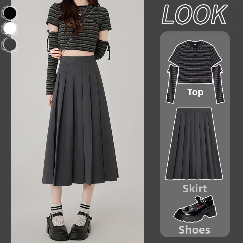 Szürke rakott szoknya Női közepes hosszúságú szoknya Tavasz Ősz és Tél 2025 Új Magas derekú A-vonalú szoknya Rövid szoknya Esernyőszoknya
