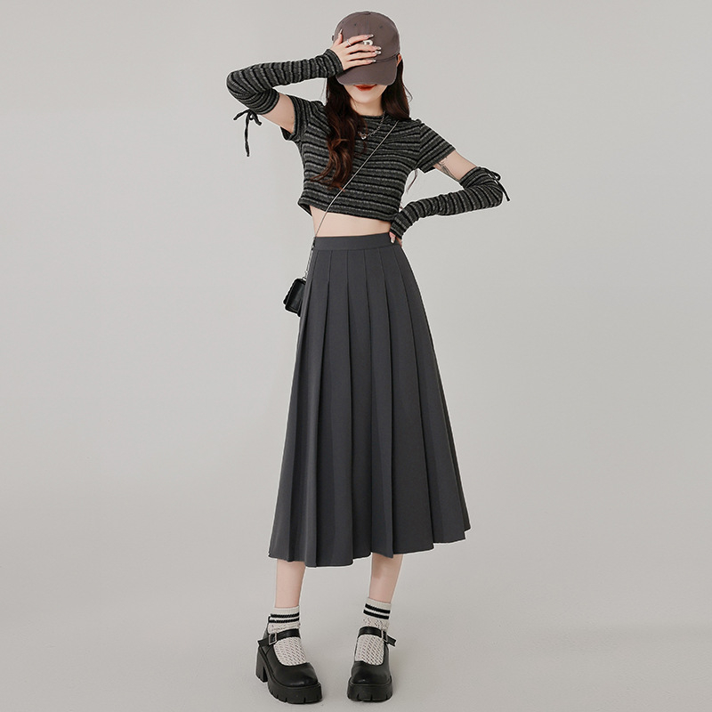 Szürke rakott szoknya Női közepes hosszúságú szoknya Tavasz Ősz és Tél 2025 Új Magas derekú A-vonalú szoknya Rövid szoknya Esernyőszoknya