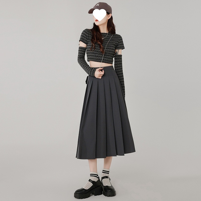 Szürke rakott szoknya Női közepes hosszúságú szoknya Tavasz Ősz és Tél 2025 Új Magas derekú A-vonalú szoknya Rövid szoknya Esernyőszoknya