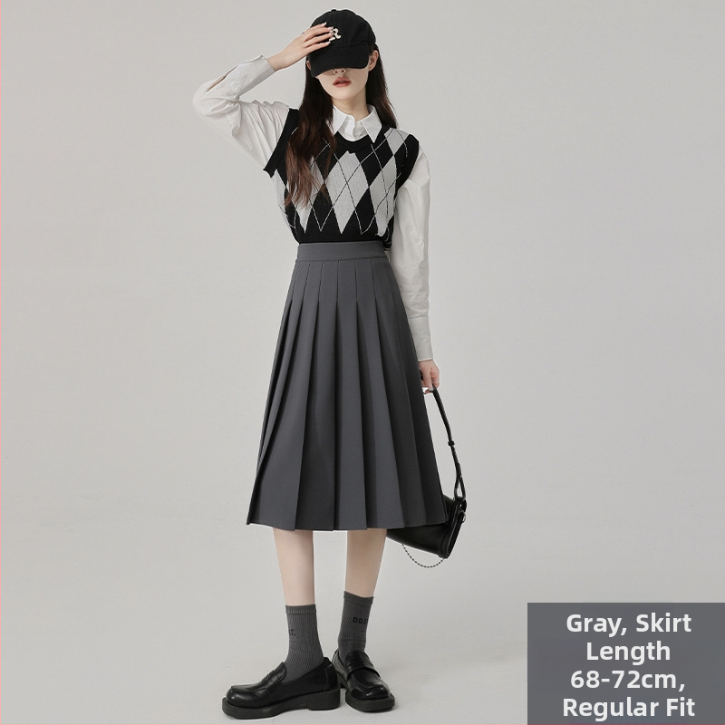 Szürke rakott szoknya Női közepes hosszúságú szoknya Tavasz Ősz és Tél 2025 Új Magas derekú A-vonalú szoknya Rövid szoknya Esernyőszoknya