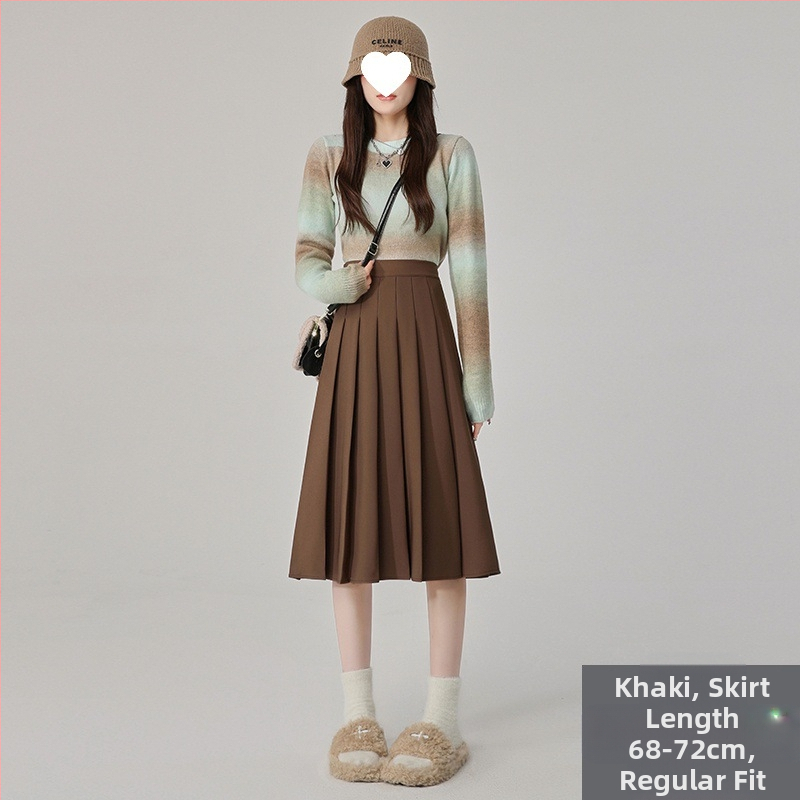 Szürke rakott szoknya Női közepes hosszúságú szoknya Tavasz Ősz és Tél 2025 Új Magas derekú A-vonalú szoknya Rövid szoknya Esernyőszoknya