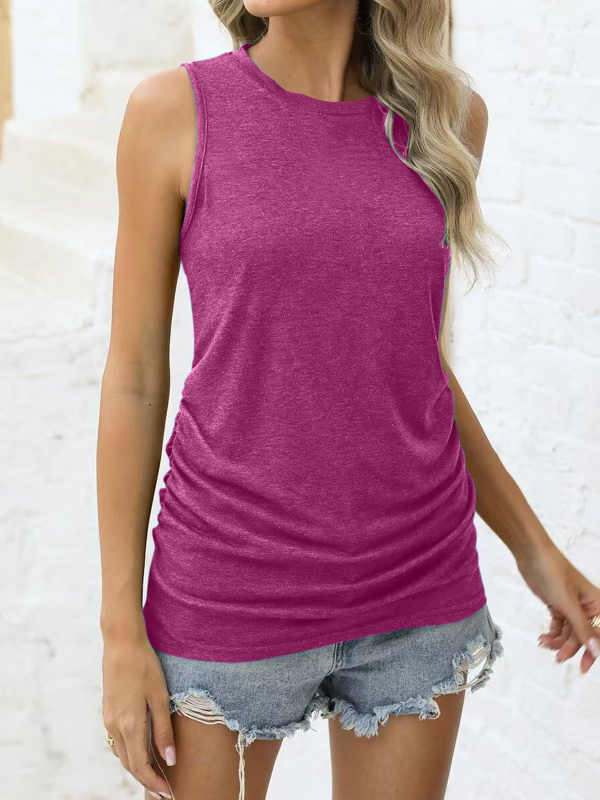 Női nyári egyszínű ujjatlan mellény kerek nyakú bő lezser nagy méretű felső női kötött vékony oldalsó rakások
