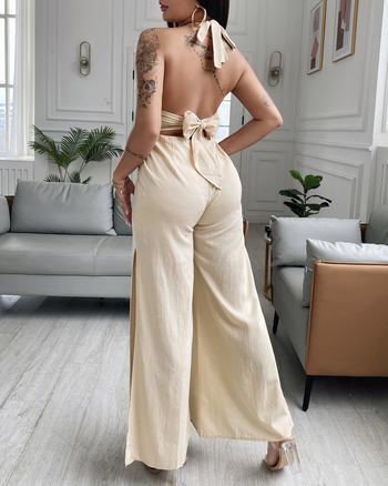 Νέο προϊόν 2023, ευρωπαϊκά και αμερικανικά best-seller, μπεζ, στενή φόρμα με halterneck και δαντέλα, με slip on, ανοιξιάτικη απόχρωση