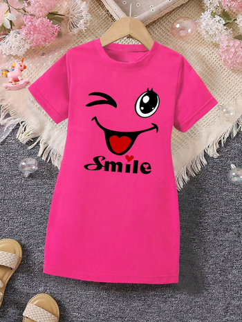Határokon átnyúló export lányoknak vicces, vidám arcmintás, kerek nyakú, rövid ujjú, hétköznapi póló, divatos ruha