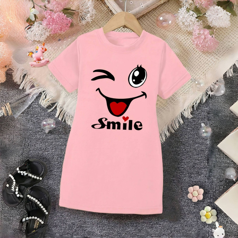 Határokon átnyúló export lányoknak vicces, vidám arcmintás, kerek nyakú, rövid ujjú, hétköznapi póló, divatos ruha
