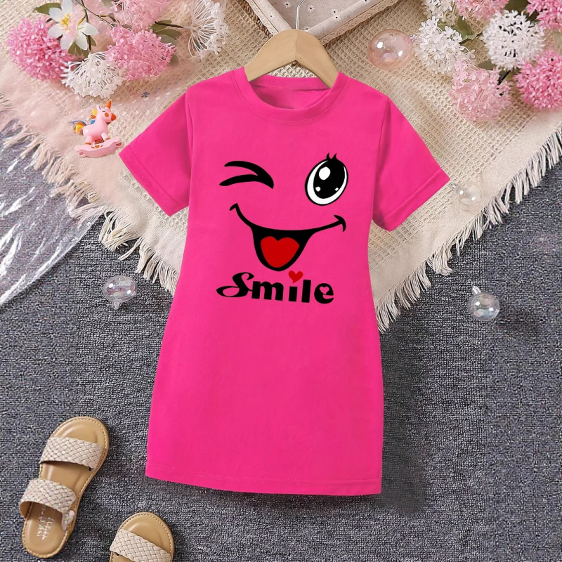 Határokon átnyúló export lányoknak vicces, vidám arcmintás, kerek nyakú, rövid ujjú, hétköznapi póló, divatos ruha