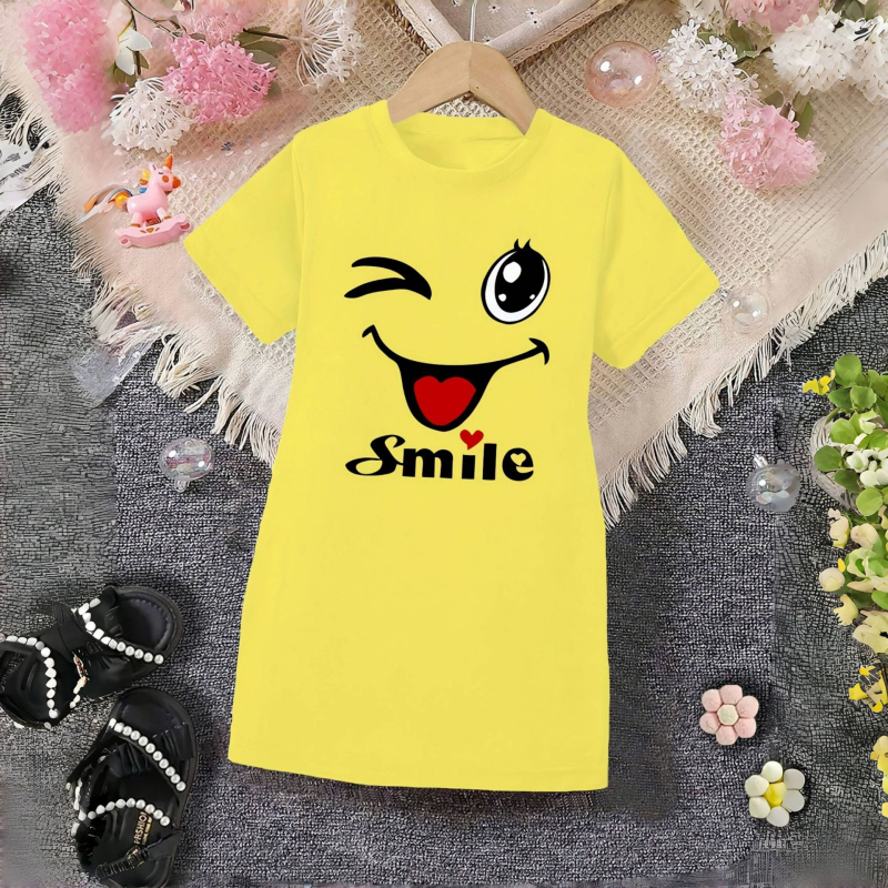 Határokon átnyúló export lányoknak vicces, vidám arcmintás, kerek nyakú, rövid ujjú, hétköznapi póló, divatos ruha