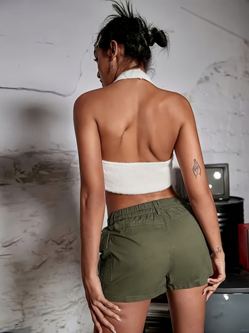 Cross-Border Ice American Simple Design Rugalmas Derékkal Zsebes Cargo Rövidnadrág Női Trendi Nyári Sport Fitnesz Rövidnadrág