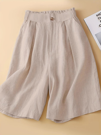 Retro pamut és lenvászon bő szárú női rövidnadrág, vékony, félig rugalmas, magas derekú, laza, sokoldalú, lezser, ötpontos szabású nadrág