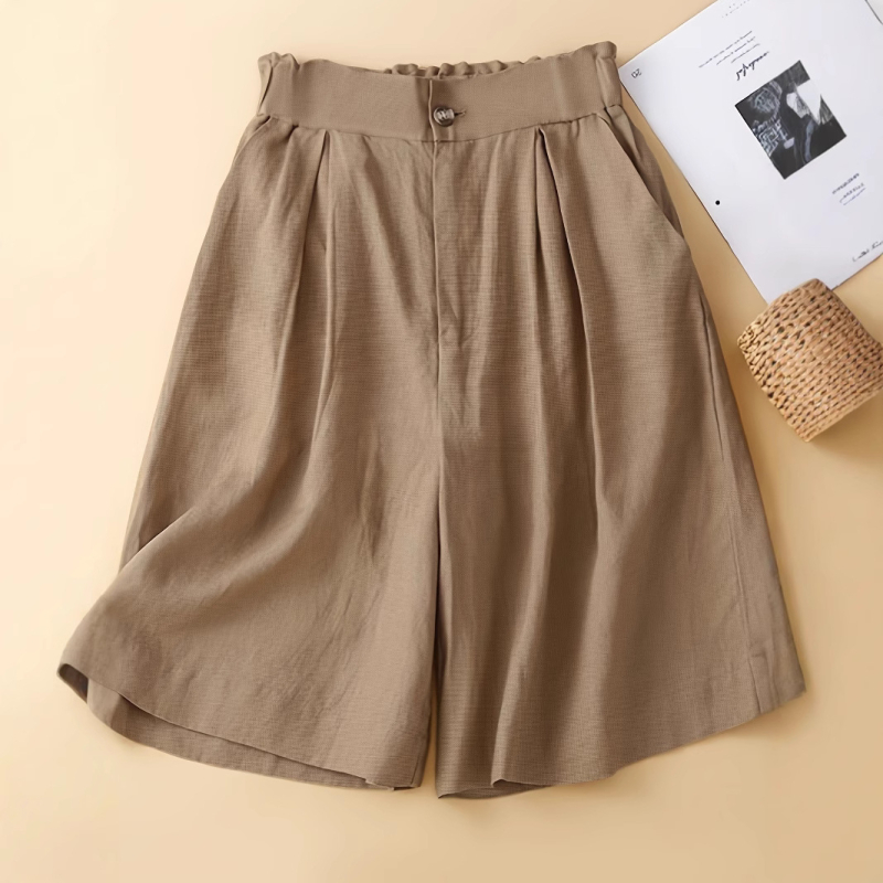 Retro pamut és lenvászon bő szárú női rövidnadrág, vékony, félig rugalmas, magas derekú, laza, sokoldalú, lezser, ötpontos szabású nadrág
