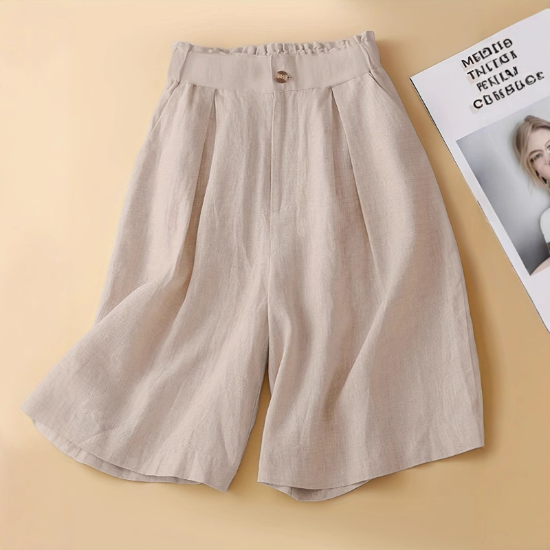 Retro pamut és lenvászon bő szárú női rövidnadrág, vékony, félig rugalmas, magas derekú, laza, sokoldalú, lezser, ötpontos szabású nadrág