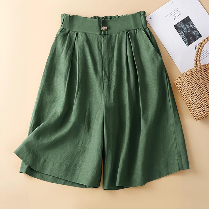 Retro pamut és lenvászon bő szárú női rövidnadrág, vékony, félig rugalmas, magas derekú, laza, sokoldalú, lezser, ötpontos szabású nadrág