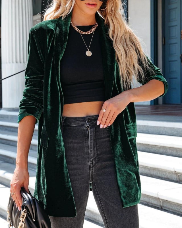 2025. aasta Euroopa ja Ameerika Amazoni uued piiriülesed naisterõivad, välismaal müüdavad lahtised kuldsed sametist venivad klapiga taskupüksid, pikkade varrukatega jakk