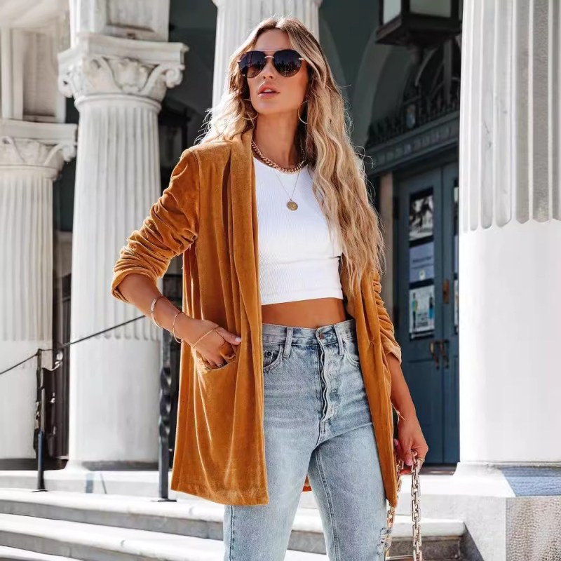 2025. aasta Euroopa ja Ameerika Amazoni uued piiriülesed naisterõivad, välismaal müüdavad lahtised kuldsed sametist venivad klapiga taskupüksid, pikkade varrukatega jakk