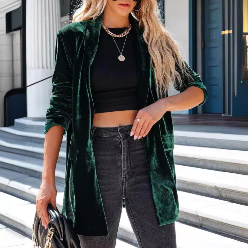 2025. aasta Euroopa ja Ameerika Amazoni uued piiriülesed naisterõivad, välismaal müüdavad lahtised kuldsed sametist venivad klapiga taskupüksid, pikkade varrukatega jakk